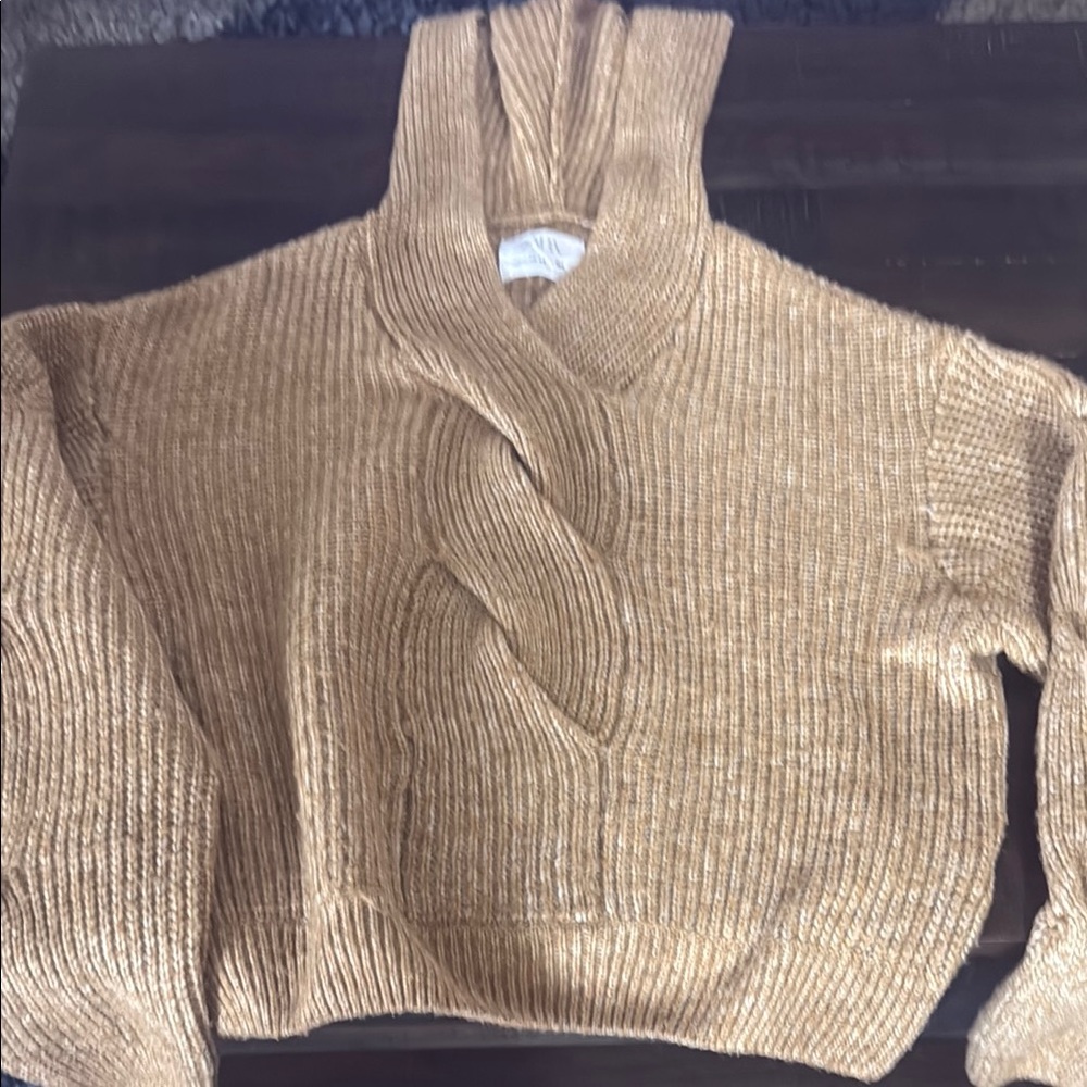 Zara Tan Cowl Neck Sweater Chunky Knit